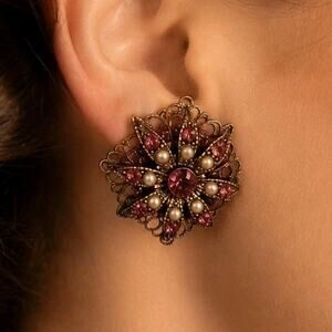 Vtg Czech 1930's 1940s Pink Rhinestone Faux Seed Pearl Filigree Flower Earrings